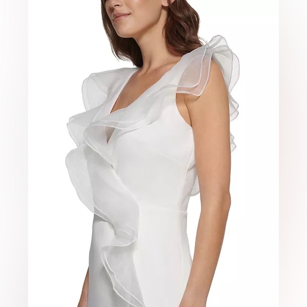 DKNY Sheath Dress with Frothy Organza Ruffles in Ivory, Size 6 New w/Tag $199 - Picture 4 of 11